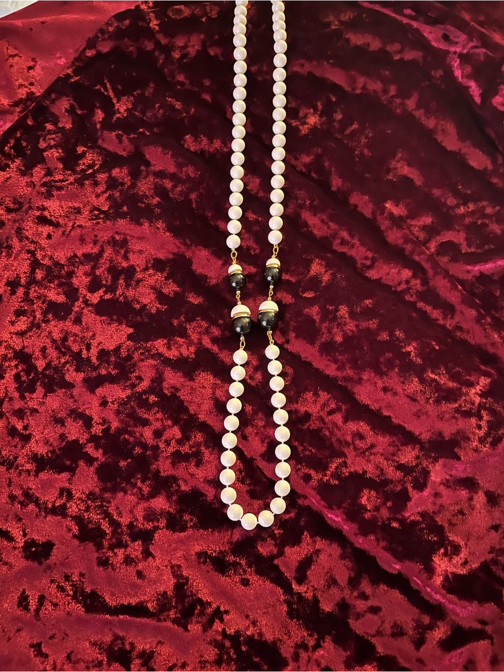 Classic White Beaded Necklace with Black Accent Beads - 34”